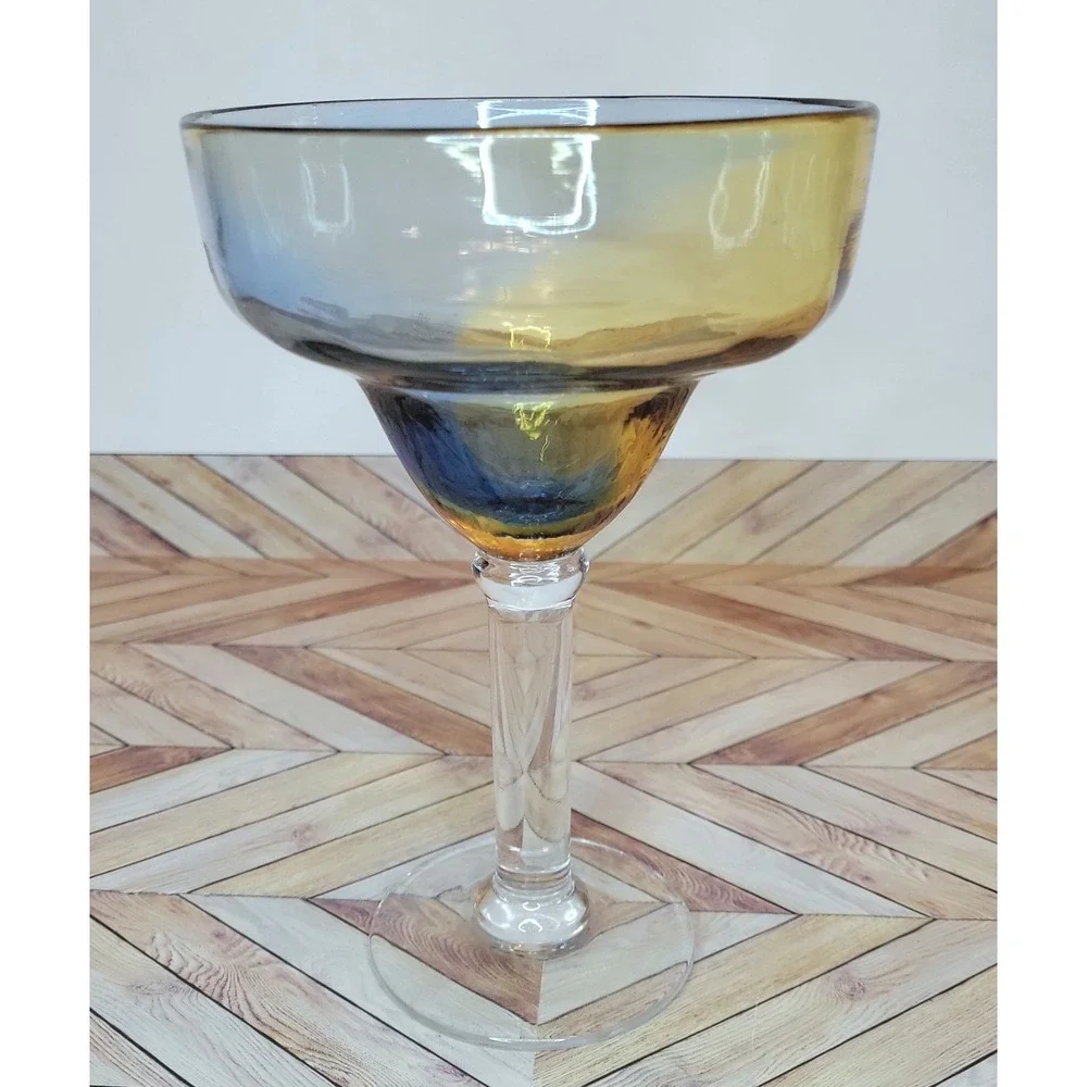 VTG Pier 1 Margarita Glasses Set Of 4 Ombré Amber Blue Swirl Barware Mouth Blown